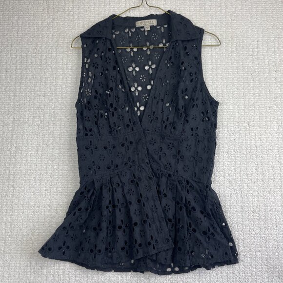 GUESS Black Floral Eyelet Peplum Sleeveless Top Women's Size Small S Cute Chic - Picture 1 of 15